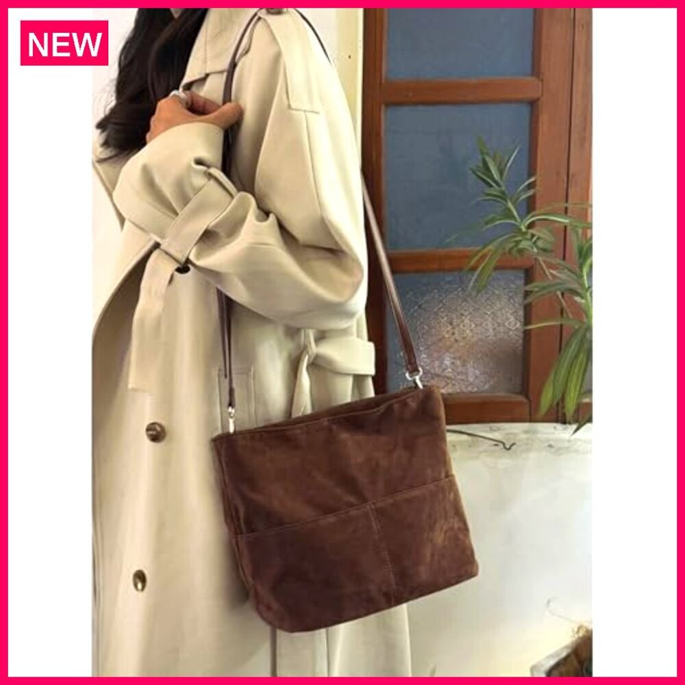 Faux Suede Bucket Bag Crossbody Tote Slouchy Purse Women's Handbag - Picture 4 of 8